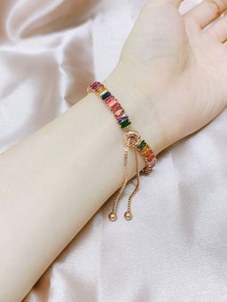 Peora - Rose Gold Plated Multicolor Baguette Stone Studded Bracelet for Women (Adjustable)