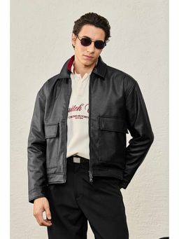 Snitch - Black Pu Leather Collar Neck Jacket