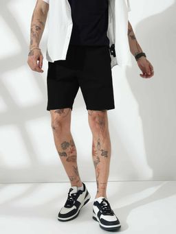 necked - Black Cotton Blend Mid Waist Shorts