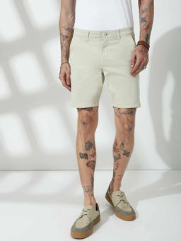 necked - Cream Cotton Blend Mid Waist Shorts