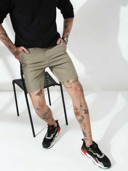 necked - Beige Cotton Blend Mid Waist Shorts