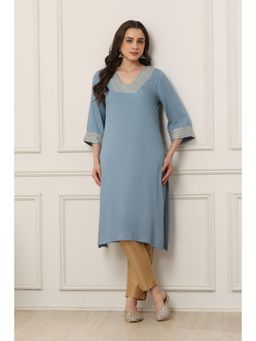 Biba - Women Powder Blue Viscose Rayon Straight Solid Kurta