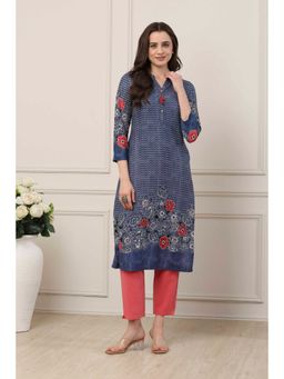 Biba - Women Indigo Blue Viscose Rayon Straight Printed Kurta