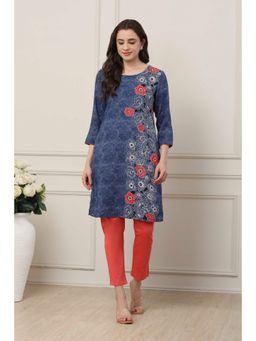 Biba - Women Indigo Blue Viscose Rayon Straight Printed Kurta