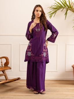 Autumnlane - Karen Grape Embroidery Cotton Kurta with Palazzo
