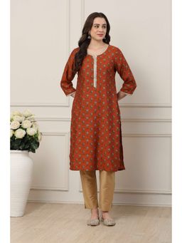 Biba - Women Orange Viscose Rayon Straight Printed Kurta