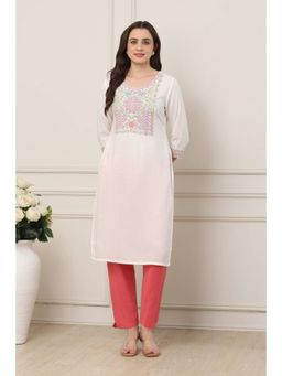 Biba - Women White Viscose Rayon Straight Solid Kurta