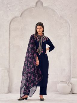 Tikhi Imli - Navy blue cotton blend embroidered kurta and Pant with printed dupatta