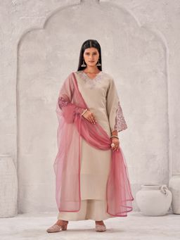 Tikhi Imli - Beige silk blend thread embroidery kurta with palazzo & dupatta