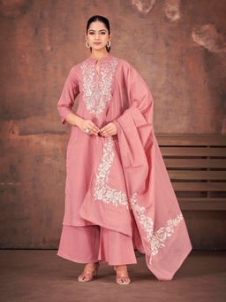 Tikhi Imli - Pink pure cotton thread embroidered kurta with palazzo & dupatta