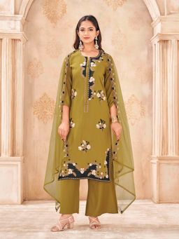 Tikhi Imli - Olive rayon embroidered straight kurta with palazzo & dupatta