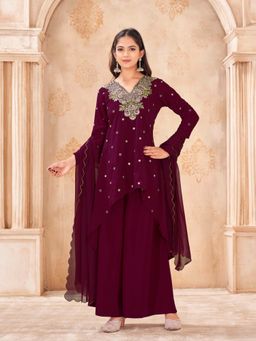 Tikhi Imli - Wine silk blend Zari embroidered kurta with palazzo & dupatta