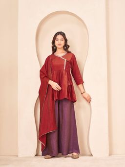 Tikhi Imli - Rust and Mauve silk blend angrkha style kurta with palazzo & dupatta