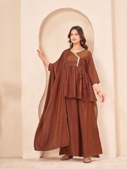 Tikhi Imli - Golden brown silk blend angrkha style kurta with palazzo & dupatta