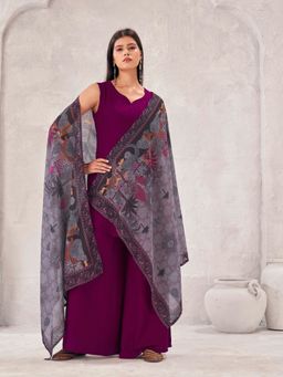 Tikhi Imli - Burgundy rayon solid kurta and A Line palazzo with printed dupatta