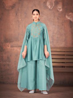 Tikhi Imli - Turquoise silk blend sequins and Zari kurta with palazzo & dupatta