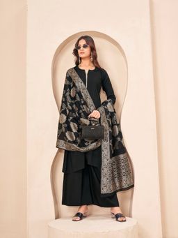 Tikhi Imli - Black silk blend yoke trim A-line kurta with palazzo & dupatta
