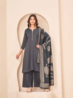 Tikhi Imli - Grey silk blend yoke trim A-line kurta With palazzo & dupatta