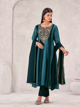 Tikhi Imli - Teal silk blend with Zari embroidery kurta with Pant & dupatta