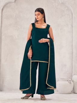 Tikhi Imli - Teal silk blend kurta and palazzo with dupatta