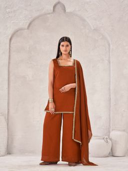 Tikhi Imli - Rust silk blend kurta and palazzo with dupatta