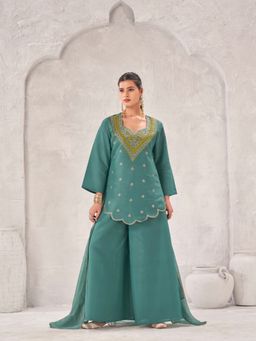 Tikhi Imli - Sea green silk blend Zari and thread work embroidery kurta with palazzo & dupatta