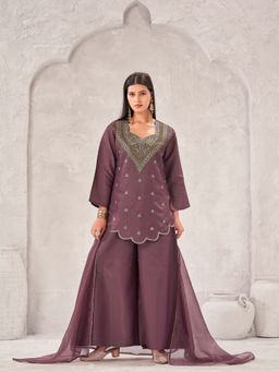 Tikhi Imli - Purple silk blend Zari and thread work embroidery kurta with palazzo & dupatta