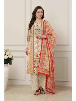 Biba - Women Beige Cotton Straight Kurta with Palazzo & Dupatta