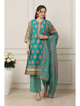 Biba - Women Green Cotton Straight Kurta with Palazzo & Dupatta