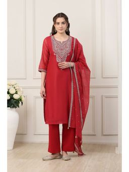 Biba - Women Red Poly Chanderi Straight Kurta with Palazzo & Dupatta