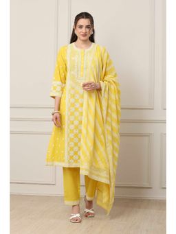 Biba - Women Yellow Cotton Straight Kurta with Palazzo & Dupatta