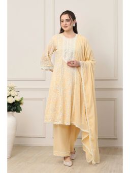 Biba - Women Beige Cotton Kalidar Kurta with Palazzo & Dupatta