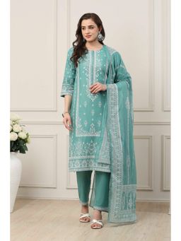 Biba - Women Turquoise Cotton Kurta with Pant & Dupatta