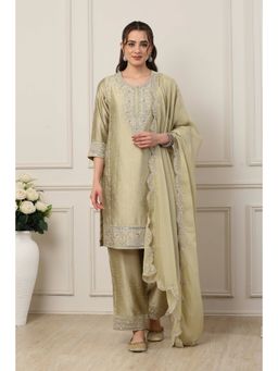 Biba - Women Green Poly Viscose Straight Kurta with Pant & Dupatta