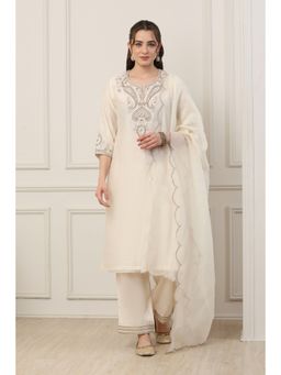 Biba - Women White Silk Chanderi Straight Kurta with Pant & Dupatta