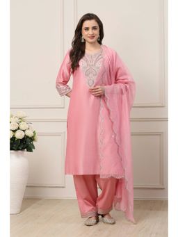 Biba - Women Pink Silk Chanderi Straight Kurta with Pant & Dupatta