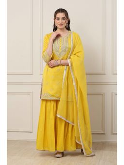 Biba - Women Yellow Silk Chanderi Kurta with Garara & Dupatta