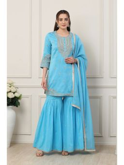 Biba - Women Turquoise Silk Chanderi Kurta with Garara & Dupatta