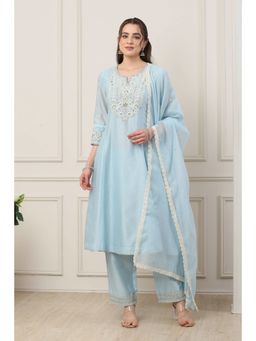 Biba - Women Blue Silk Chanderi Kalidar Kurta with Pant & Dupatta