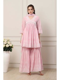 Biba - Women Pink Cotton Gathered Kurta with Sharara & Dupatta