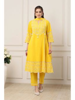 Biba - Women Yellow Cotton Kalidar Kurta with Pant & Dupatta