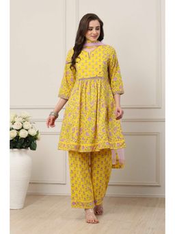 Biba - Women Yellow Cotton Kurta with Pant & Dupatta