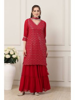 Biba - Women Red Polyester Kurta with Sharara & Dupatta