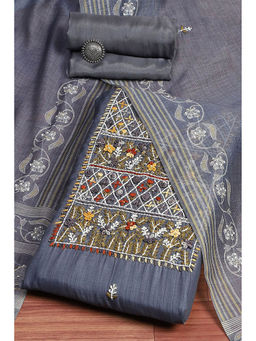 Biba - Women's Grey Chanderi Hand Embroidered Unstitched Suit (Set of 3)