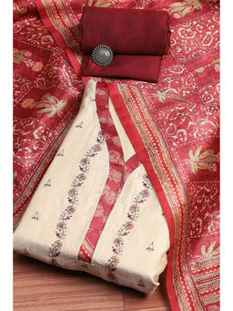 Biba - Women's Red Chanderi Machine Embroidered Unstitched Suit (Set of 3)