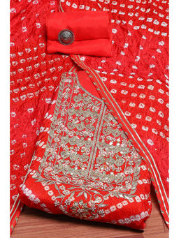 Biba - Women's Red Silk Blend Bandhej Unstitched Suit (Set of 3)
