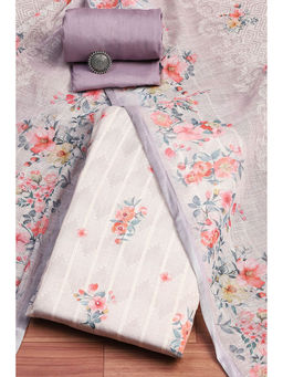 Biba - Women's Lavender Linen Printed Unstitched Suit (Set of 3)