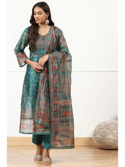Biba - Women's Teal Chanderi Printed Embroidered Unstitched Suit (Set of 3)