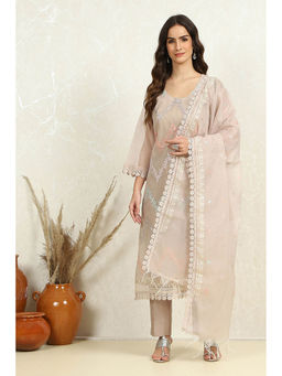 Biba - Women's Beige Polyester Machine Embroidered Unstitched Suit (Set of 3)