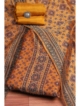 Biba - Women's Mustard Chanderi Printed Embroidered Unstitched Suit (Set of 3)